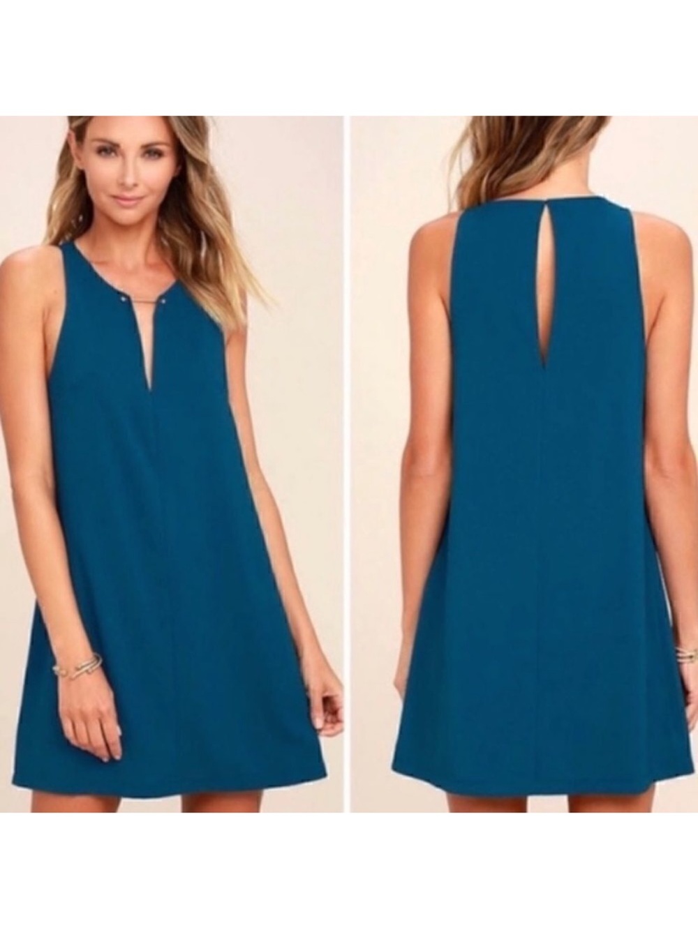 Lulu's Teal Sleeveless Shift Dress with Front & Back Slit